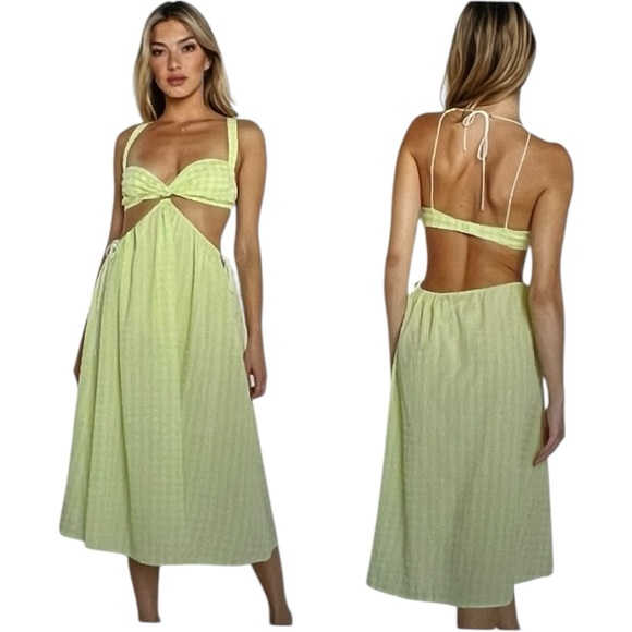 For Love and Lemons Maureen Midi Gingham Green White Cutout Dress Size Small NWT - Picture 6 of 9